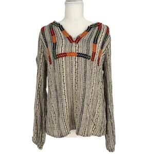Savannah Jane Womens Large Boho Embroidered Striped V-Neck Blouse Top